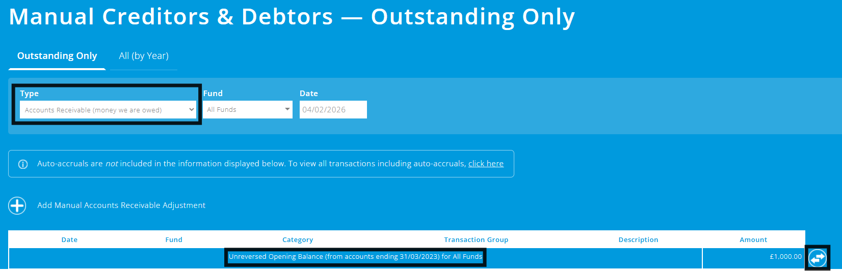 ExpensePlus screenshot of manual creditors and debtors screen