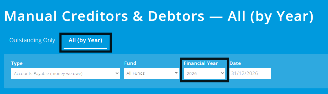 ExpensePlus screenshot of manual creditors and debtors screen