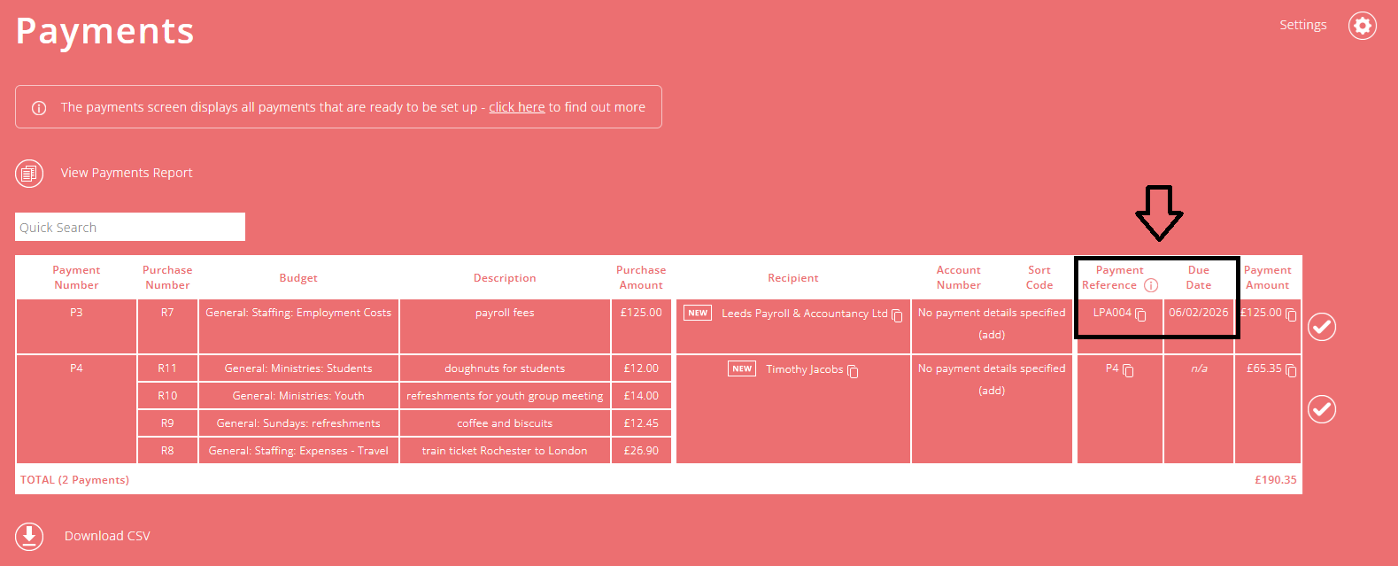 ExpensePlus screenshot of Payments screen, highlighting the Payment reference and due date