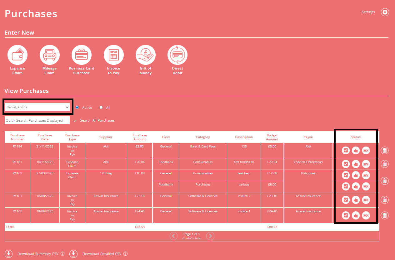 ExpensePlus screenshot of the Purchases screen, highlighting the Submitter and the Status column icons