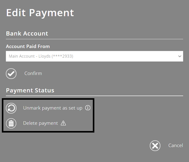 ExpensePlus screenshot of Edit Payment pop-up, highlighting the options 'Unmark payment as set up' and 'Delete payment'