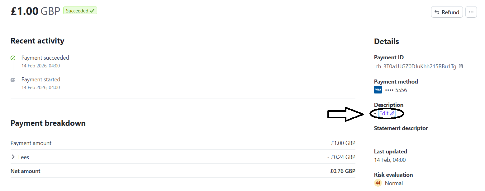 Screenshot of a payment within a Stripe account, highlighting the Description 'edit' function