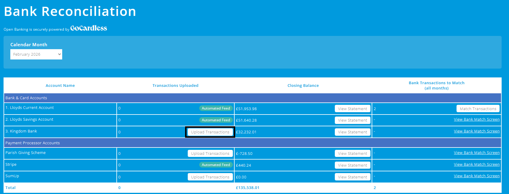 ExpensePlus Bank Reconciliation screen highlighting the Upload Transactions button for a bank account
