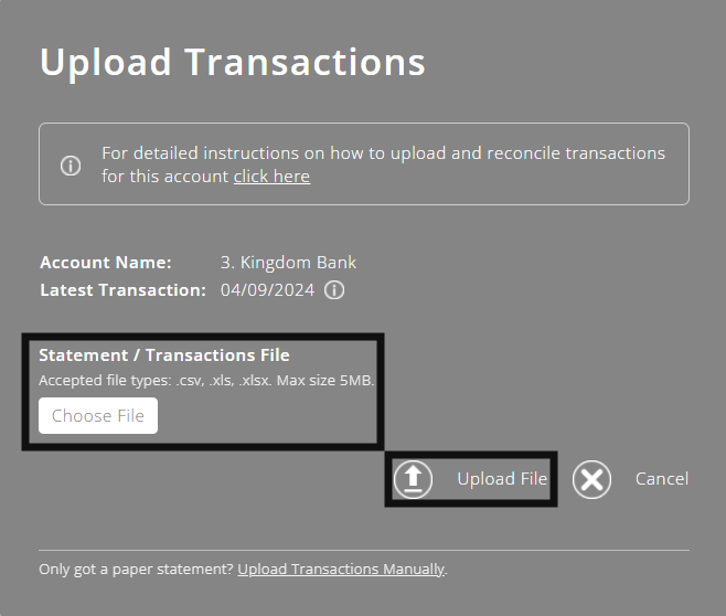 ExpensePlus Upload Transactions popup highlighting the Choose File button and the Upload File button