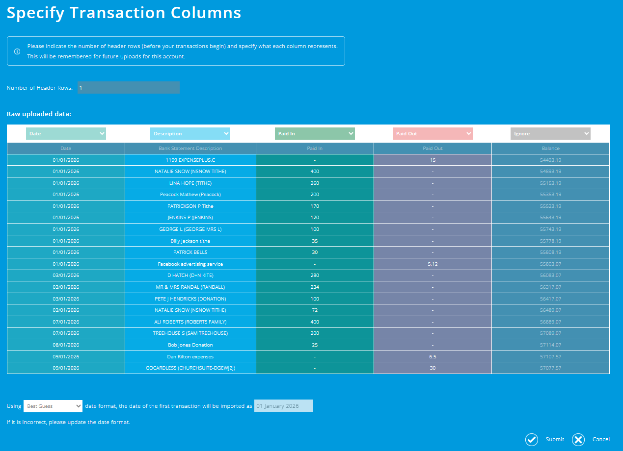 ExpensePlus Specify Transaction Columns screen