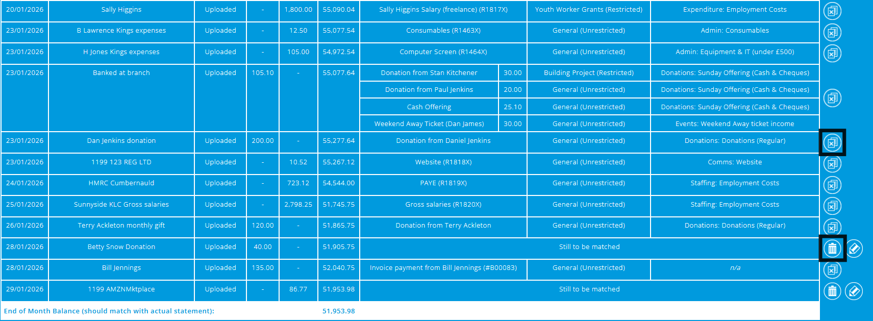 ExpensePlus View Statement screen highlighting the unmatch button and the delete button as described above