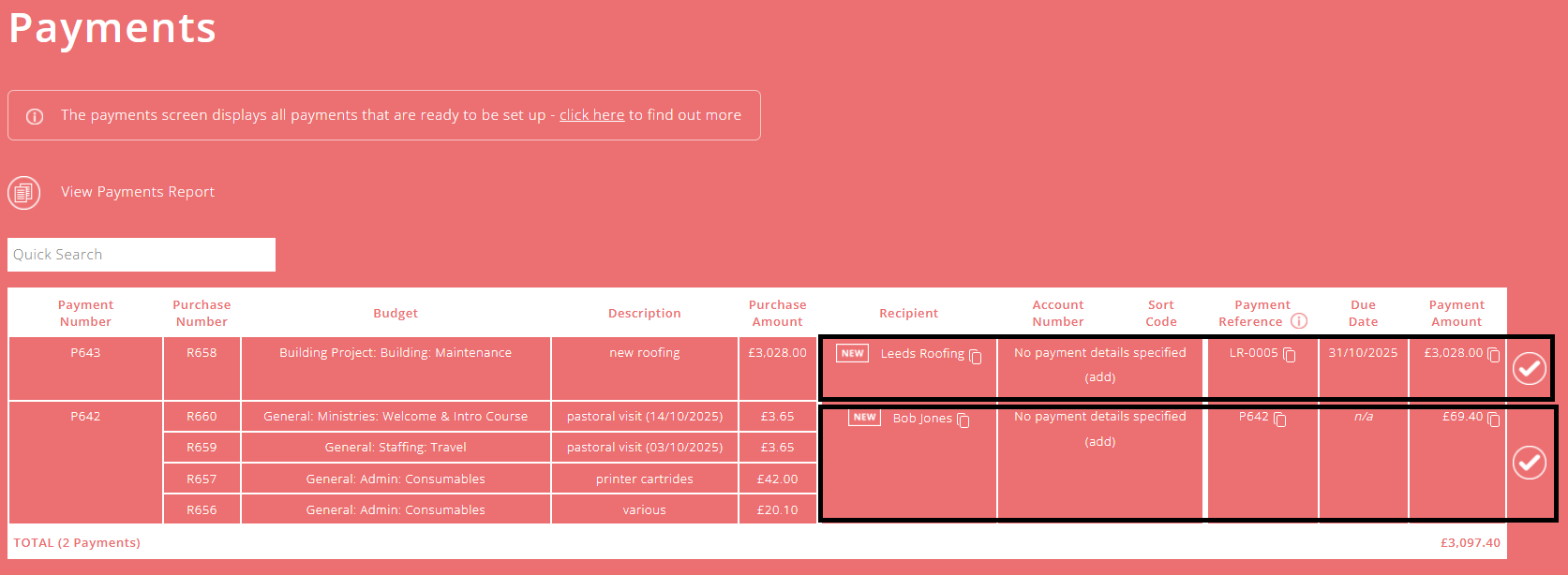 ExpensePlus Payments screen highlighting two payments ready to be paid and then marked as paid