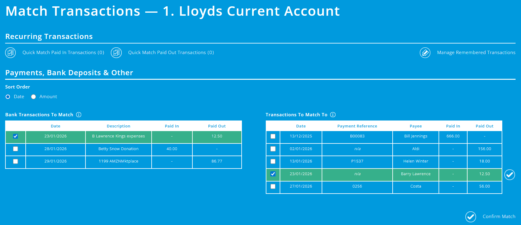 ExpensePlus Match Transactions screen 