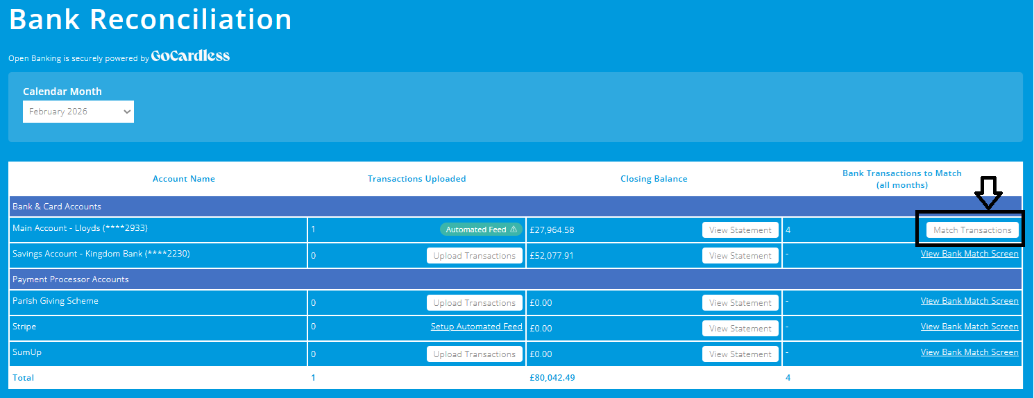 ExpensePlus screenshot of the Bank Reconciliation screen, highlighting 'match transactions'