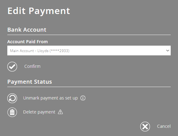 ExpensePlus screenshot of the 'Edit payment' pop-up, showing options to update the bank account, unmark the payment as set up, or delete the payment