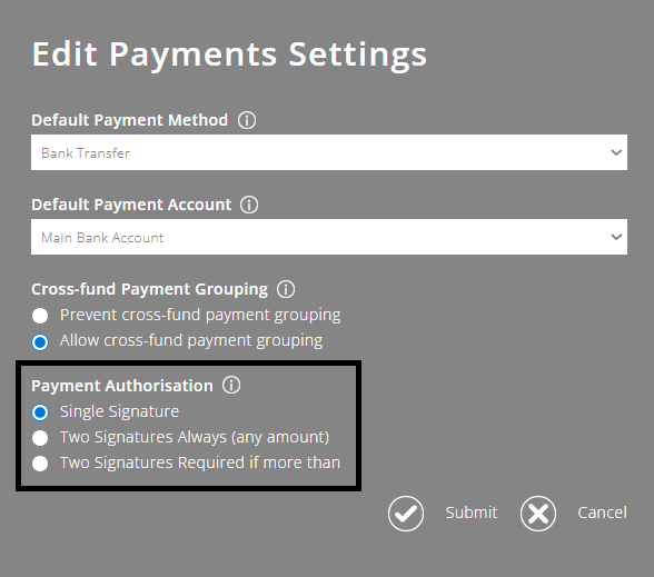 ExpensePlus screenshot of the 'Edit Payments Settings' pop-up, highlighting the Payment Authorisation options