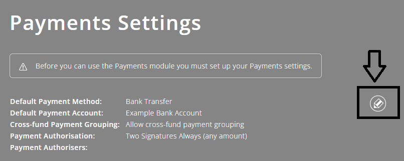 ExpensePlus screenshot of the Payments Settings screen, highlighting the 'Edit Payments settings' button