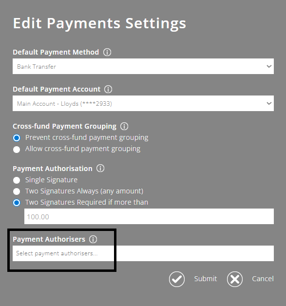 ExpensePlus screenshot of the 'Edit Payments Settings' pop-up, highlighting 'Payment Authorisers'