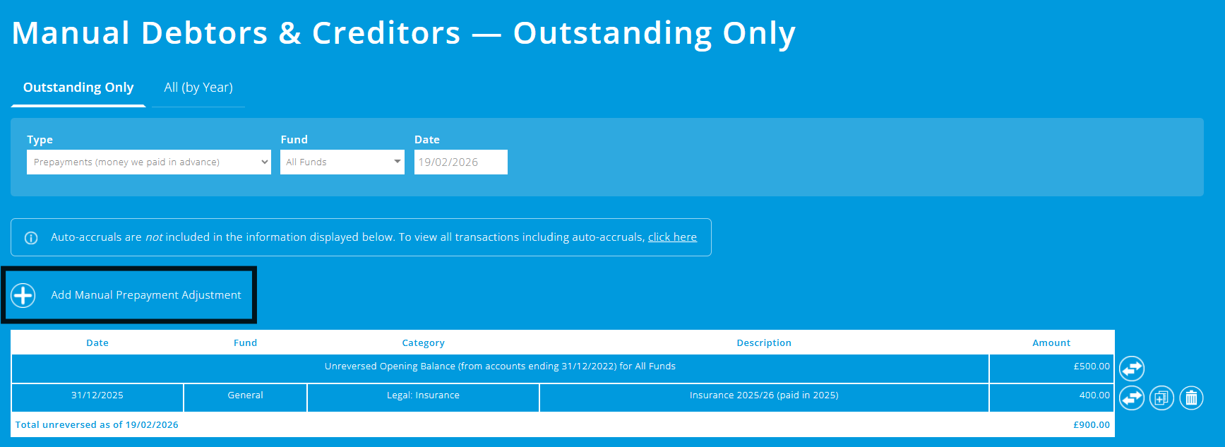 ExpensePlus screenshot of manual debtors and creditors screen highlighting the add manual prepayment adjustment button