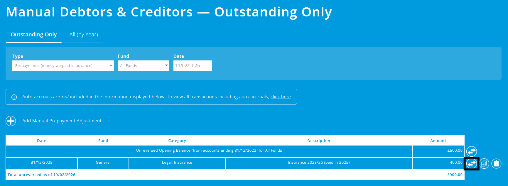 ExpensePlus screenshot of manual debtors and creditors screen