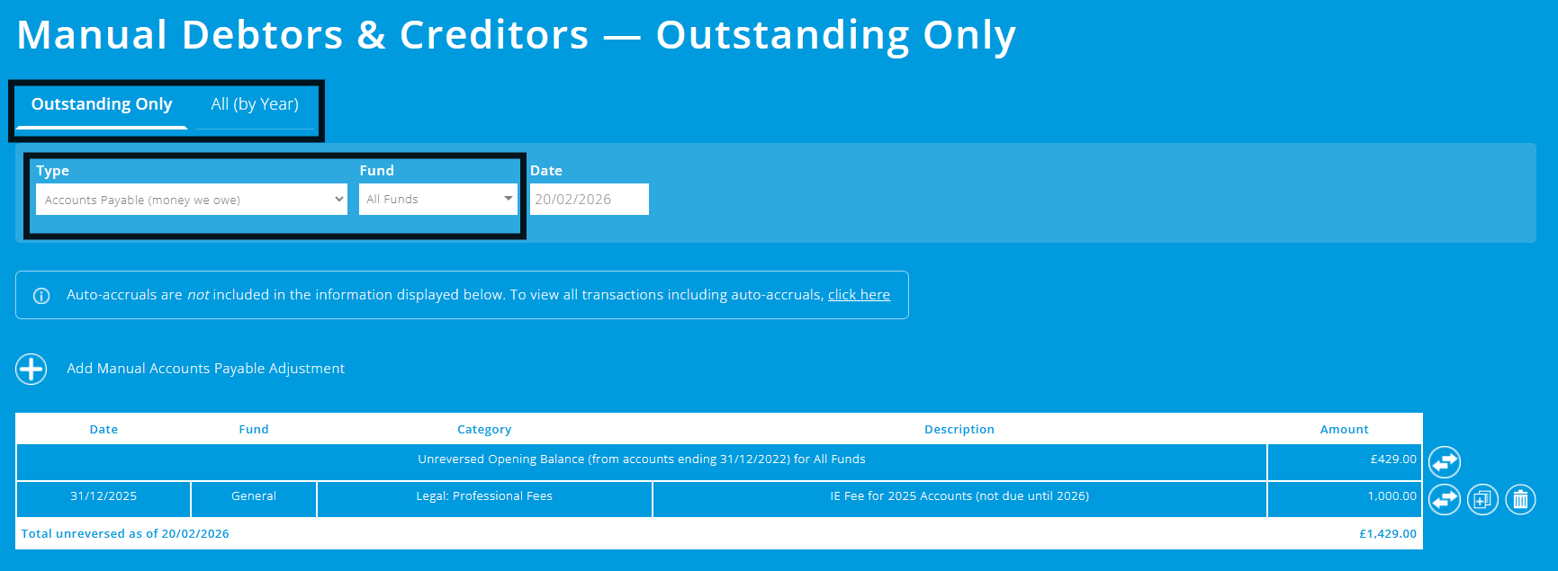 ExpensePlus Manual Debtors and Creditors screen highlighting the different views and filters as outlined above