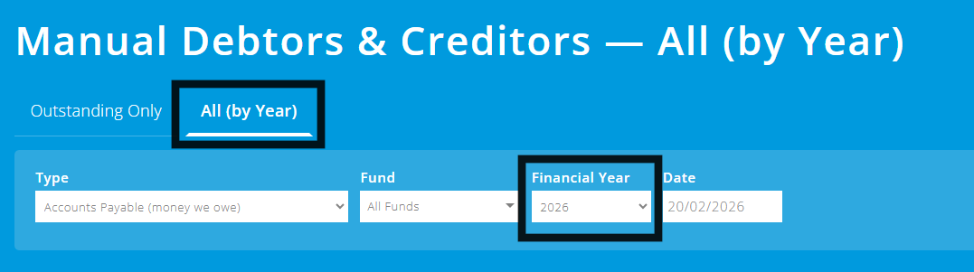 ExpensePlus screenshot of manual debtors and creditors screen