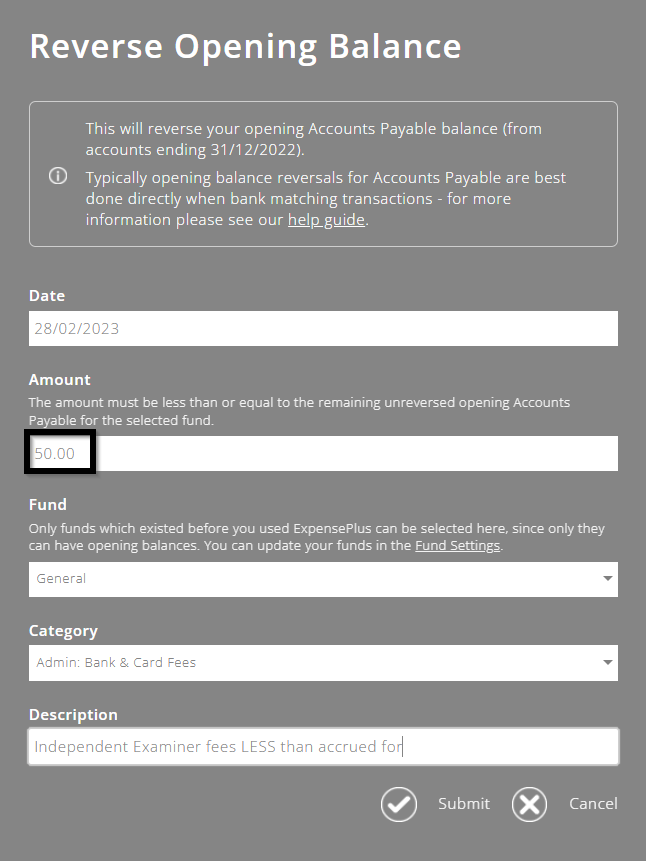 ExpensePlus screenshot of reverse opening balance popup