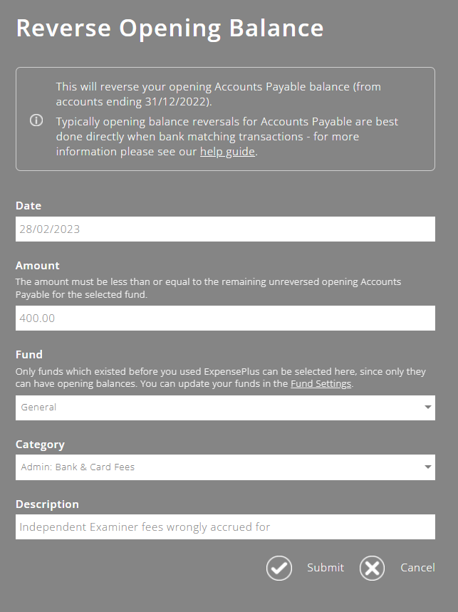 ExpensePlus screenshot of reverse opening balance popup