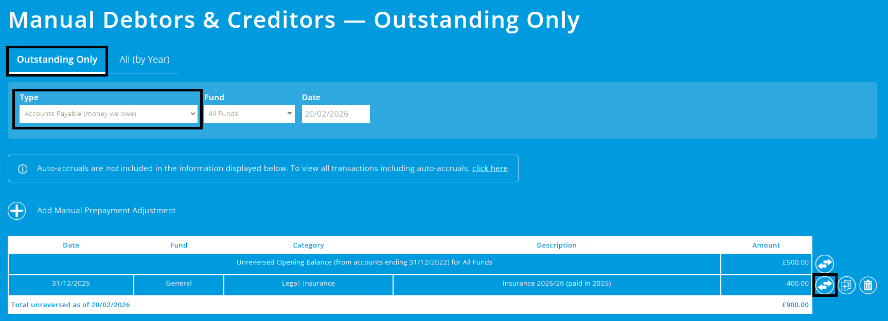 ExpensePlus screenshot of manual debtors and creditors screen
