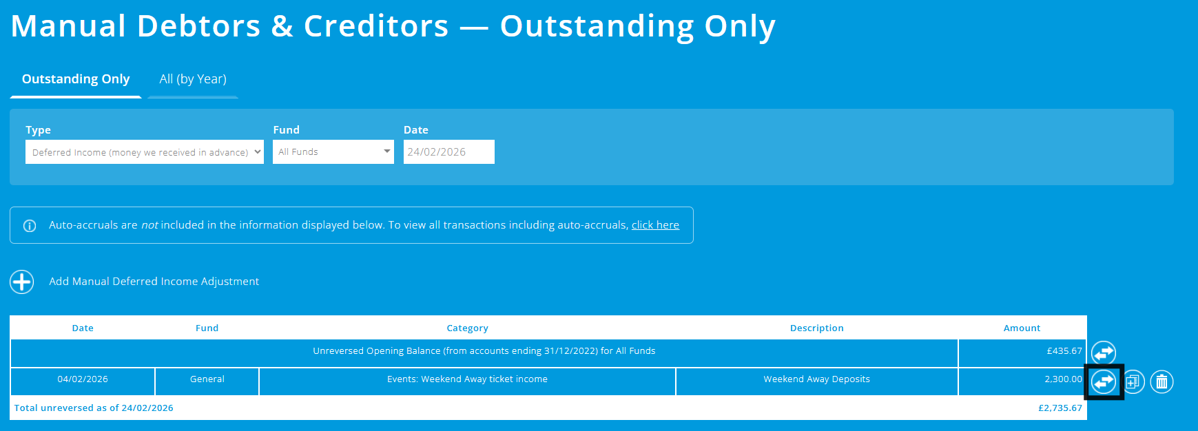 ExpensePlus Manual Debtors & Creditors screen highlighting the Reverse button on a manually entered deferred income adjustment