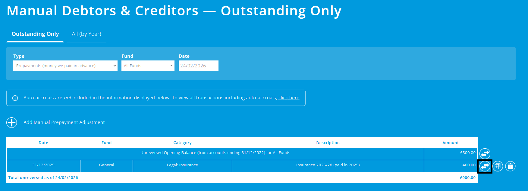 ExpensePlus screenshot of manual debtors & creditors screen highlighting the reverse button