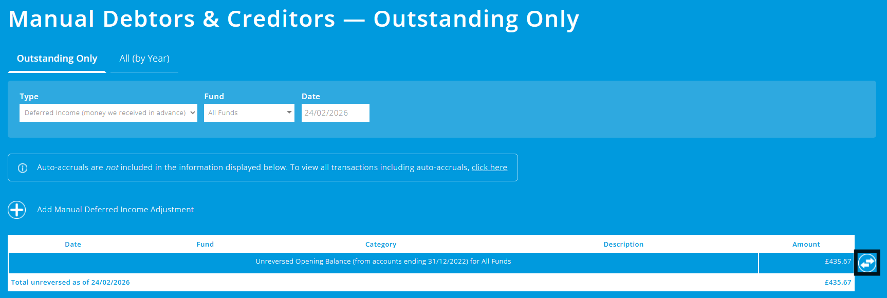 ExpensePlus Manual Debtors & Creditors Adjustments Deferred Income screen highlighting the reverse button