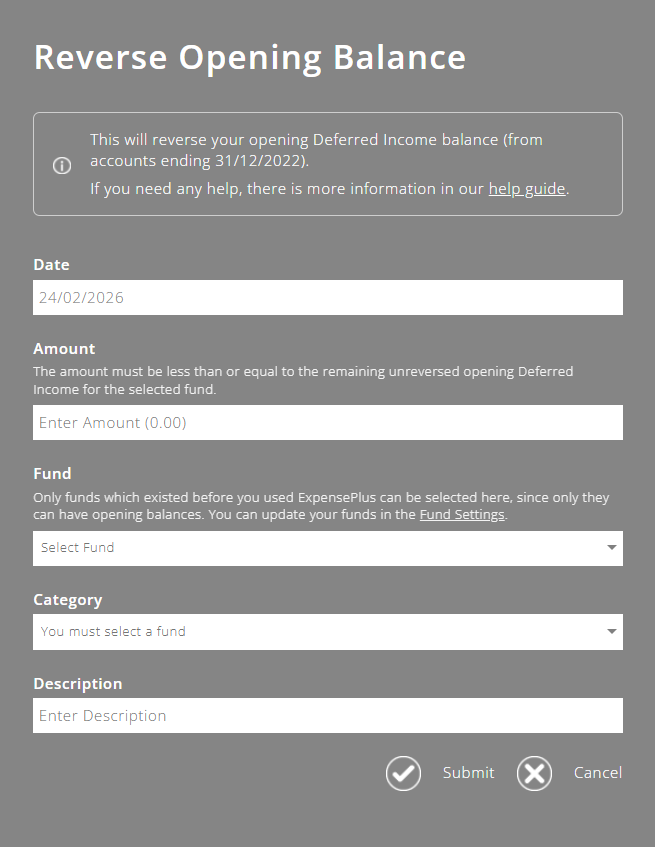ExpensePlus Reverse Opening Balance popup