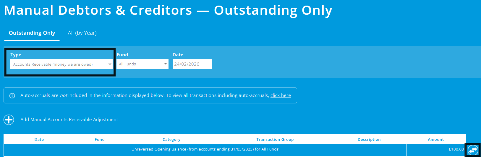 ExpensePlus screenshot of manual debtors and creditors screen