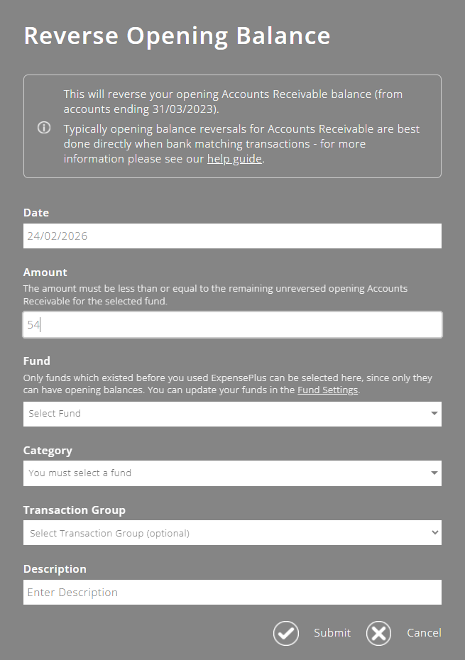 ExpensePlus screenshot of reverse opening balance popup