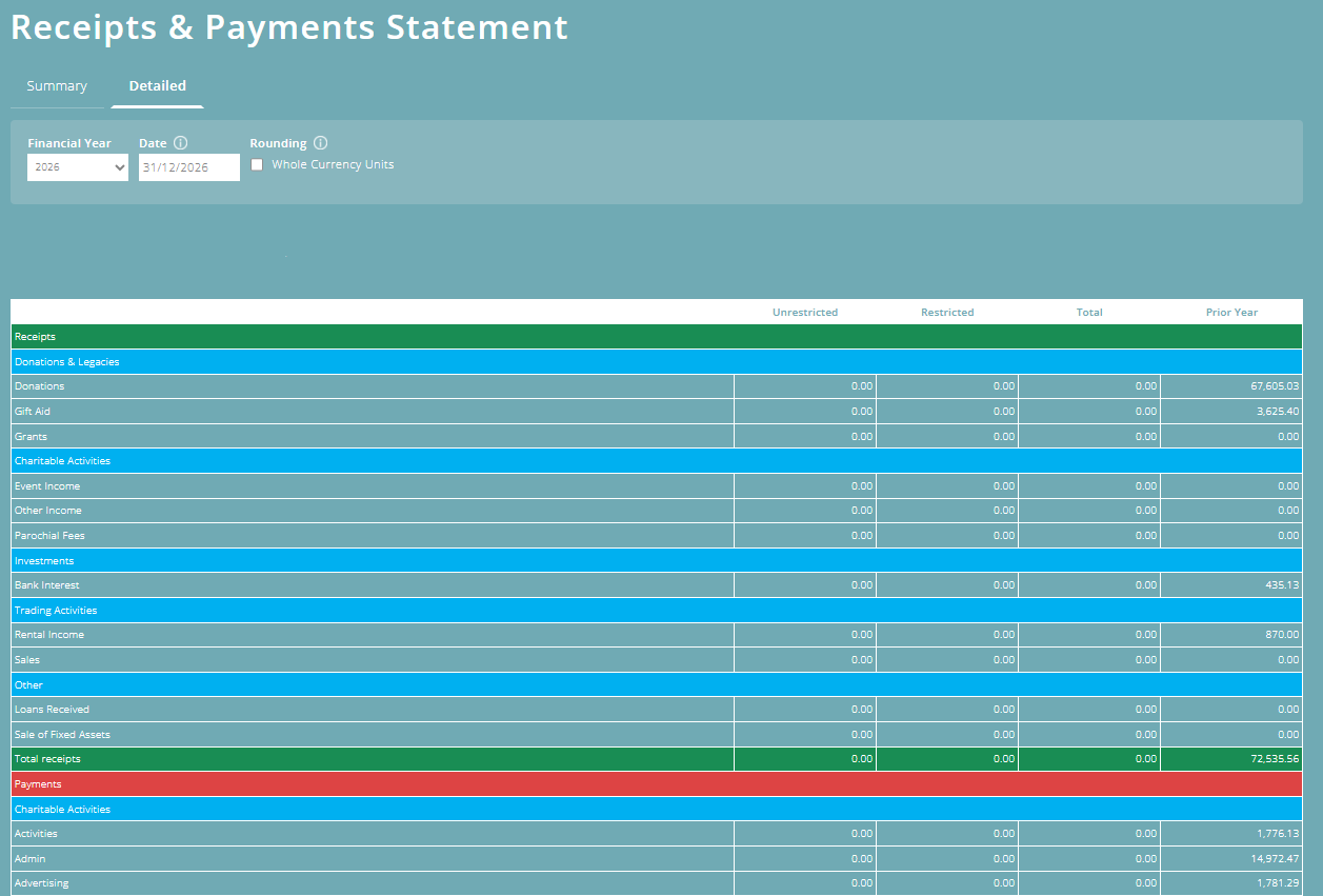 ExpensePlus Receipts & Payments Statement screen