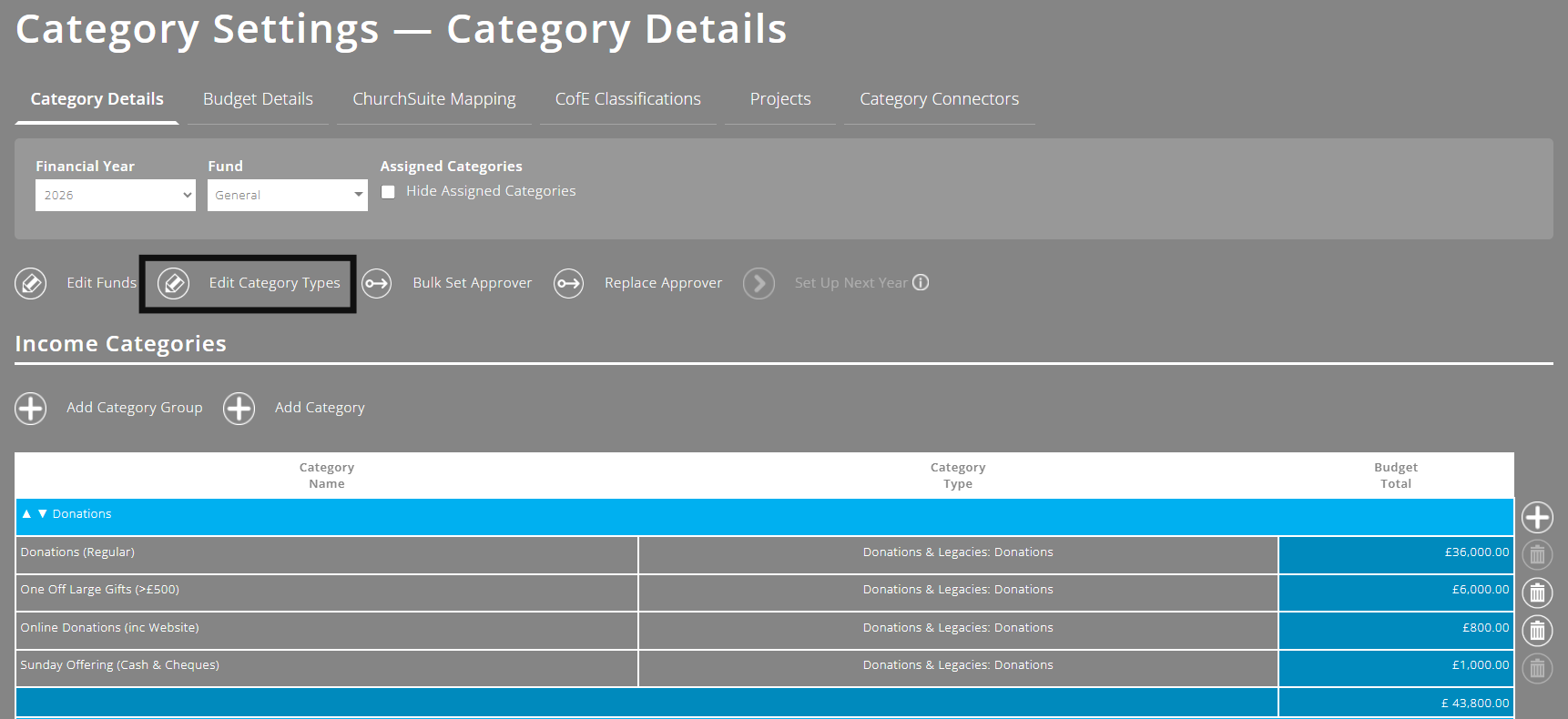 Expenseplus Category Settings screen highlighting the edit category types button