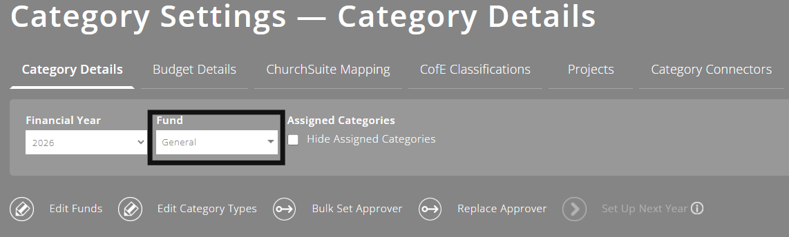 ExpensePlus Category settings screen highlighting the Funds drop down menu
