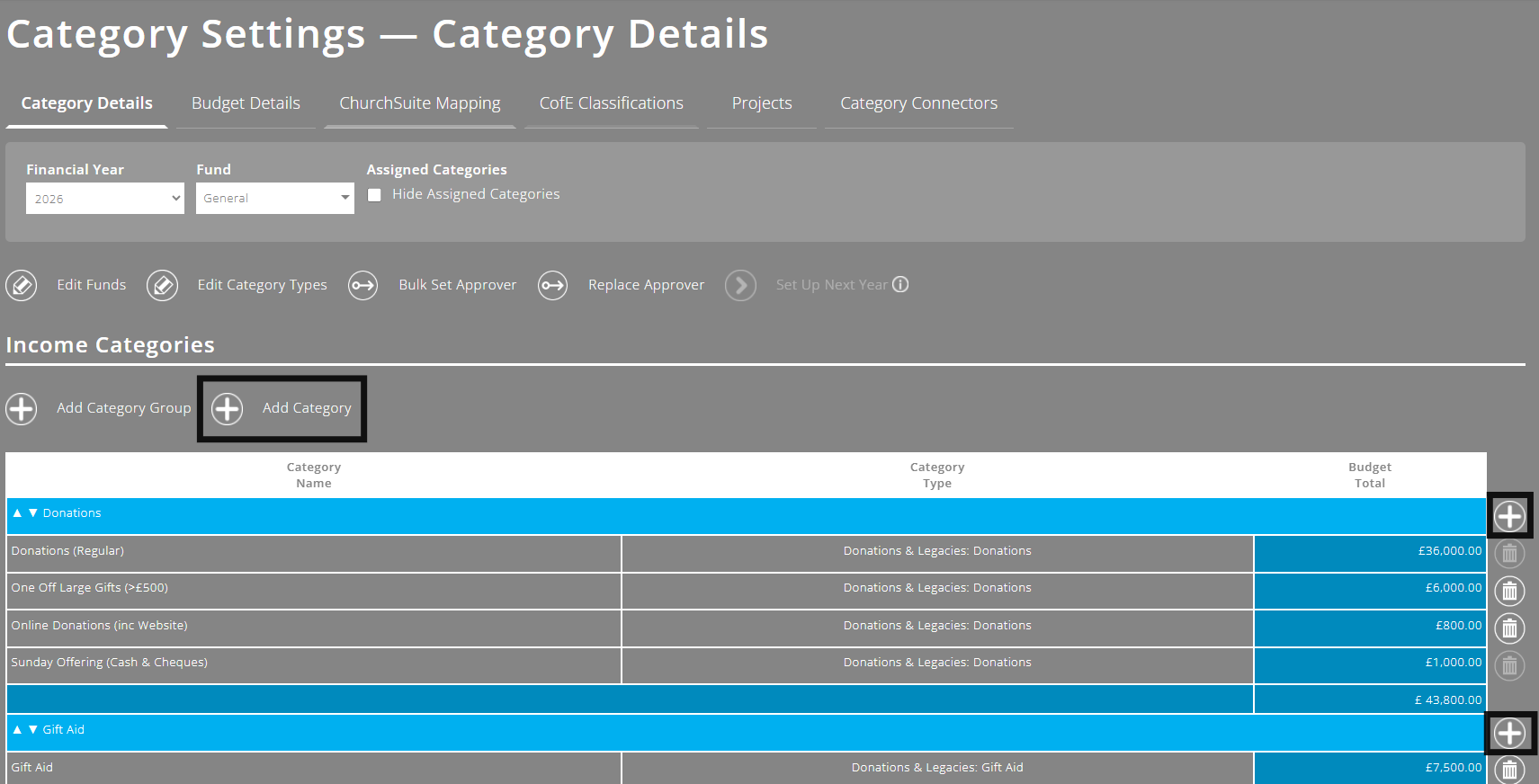 ExpensePlus Category settings screen highlighting the options for adding a new category described above