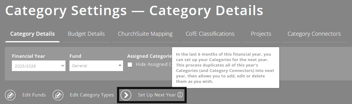ExpensePlus Category Settings screen highlighting the Set Up Next Year button