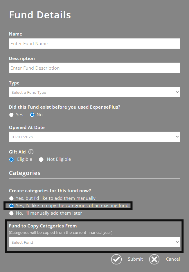 ExpensePlus Fund Details popup when adding a new fund highlighting the option to copy categories from an existing fund