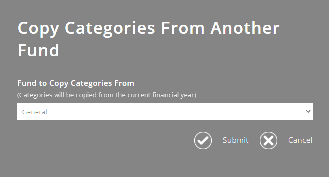 ExpensePlus Copy Categories From Another Fund popup