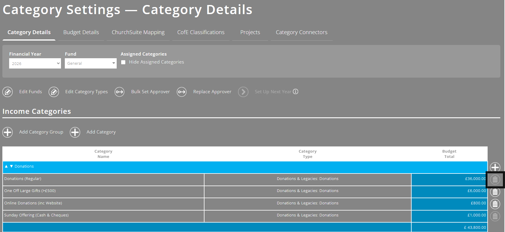 ExpensePlus Category Settings screen highlighting a greyed out bin icon next to a category