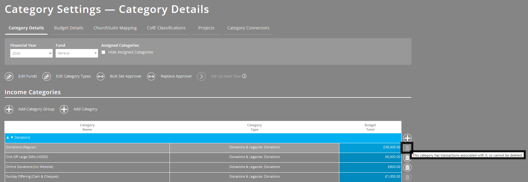 ExpensePlus Category Settings screen highlighting a greyed out bin icon next to a category and the message displayed when hovering over it