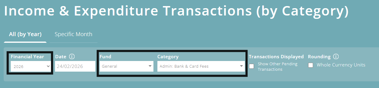 ExpensePlus Income & Expenditure Transactions (By Category) screen highlighting the financial year, fund and category dropdown menus