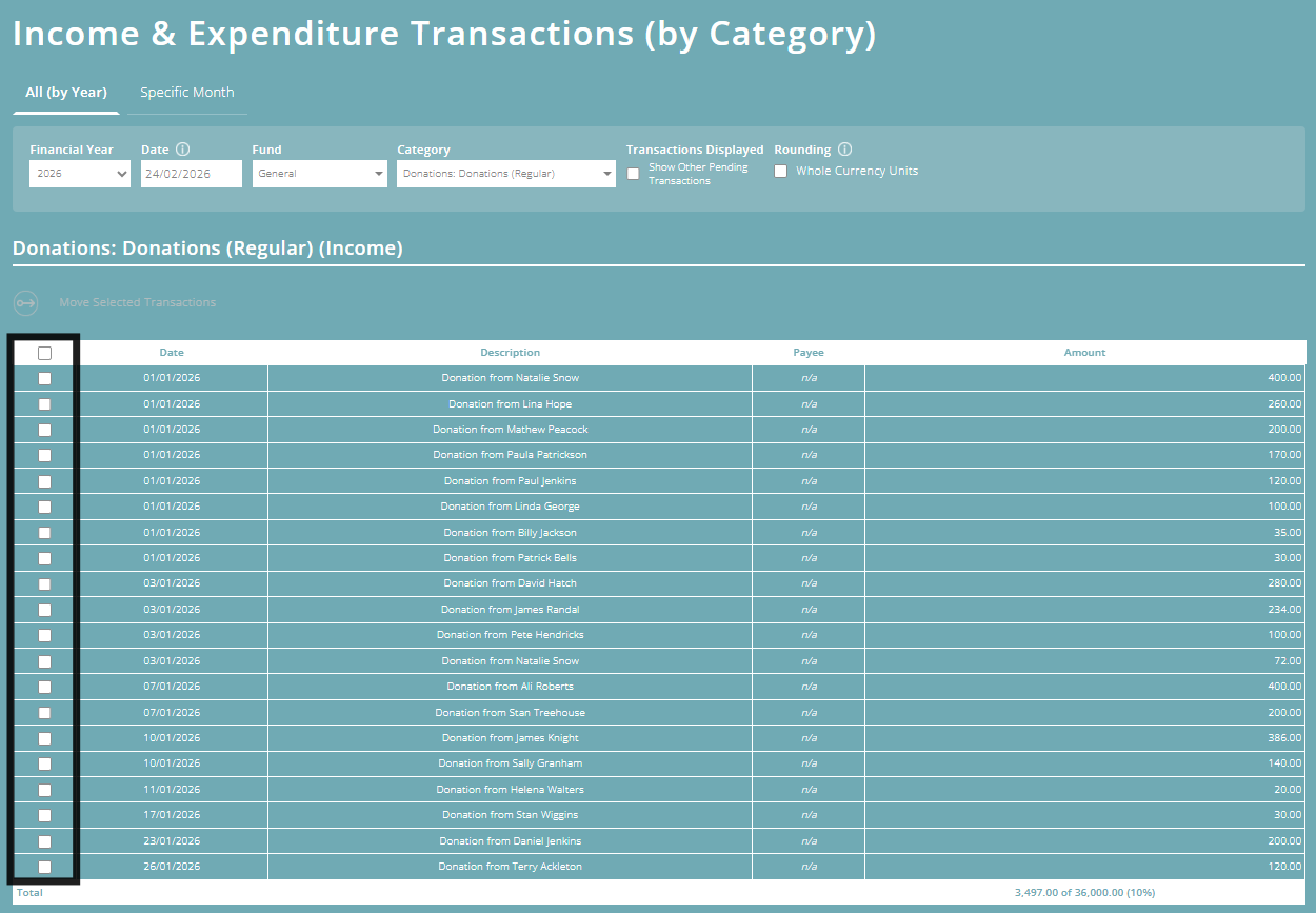 ExpensePlus Income & Expenditure Transactions (By Category) screen highlighting the tick boxes to select transactions