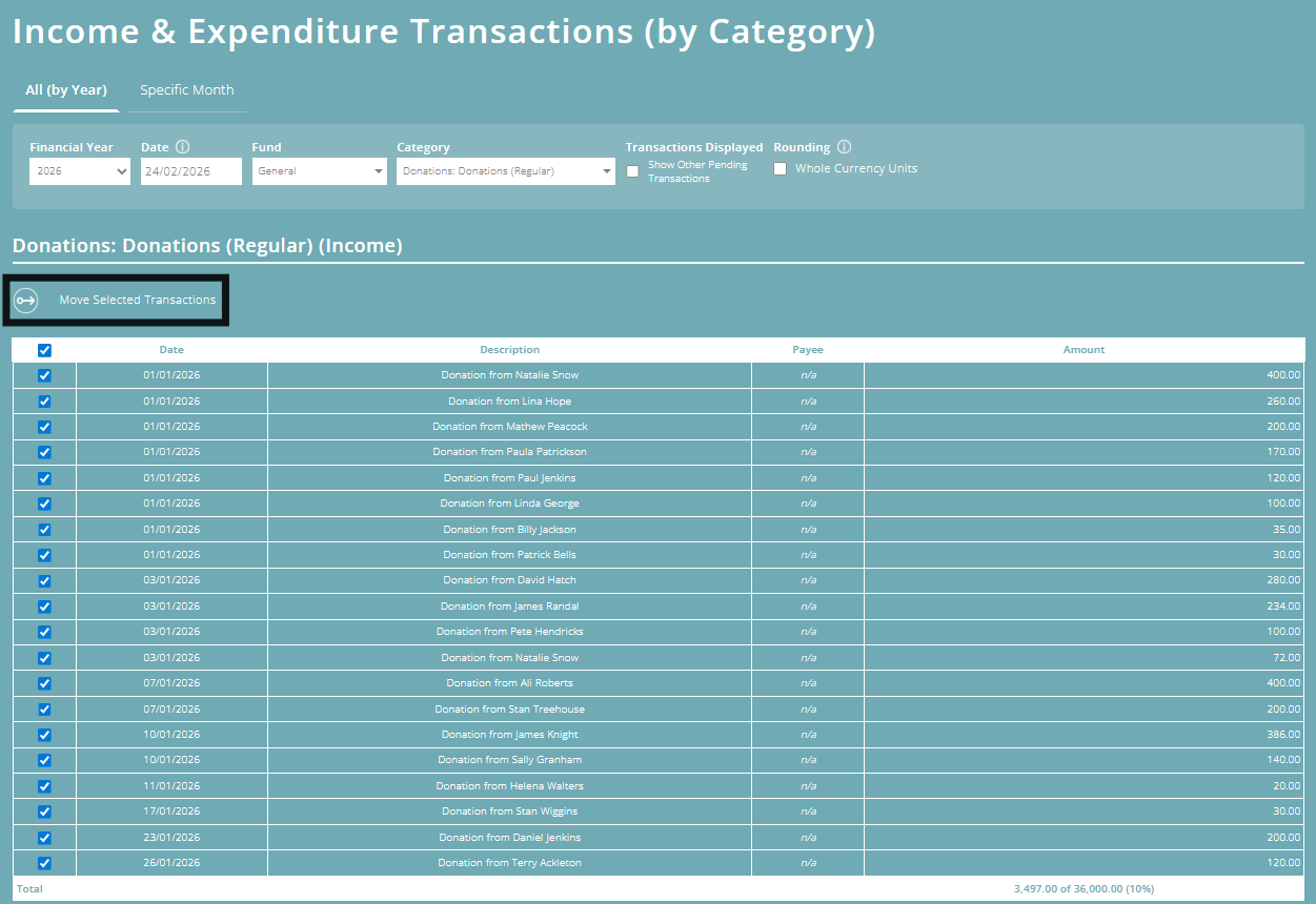 ExpensePlus Income & Expenditure Transactions (By Category) screen highlighting the Move Selected Transactions button