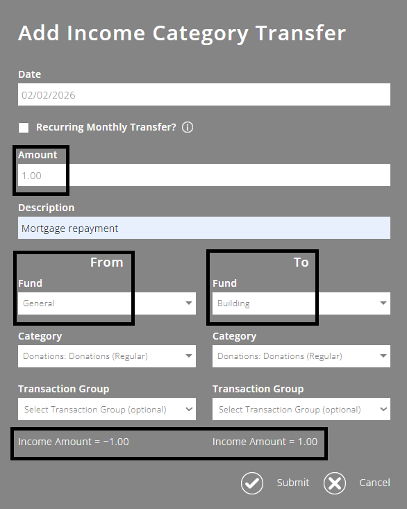 ExpensePlus screenshot of the Add Income Category Transfer pop-up, highlighting the 'Amount' box and the corresponding negative income and income