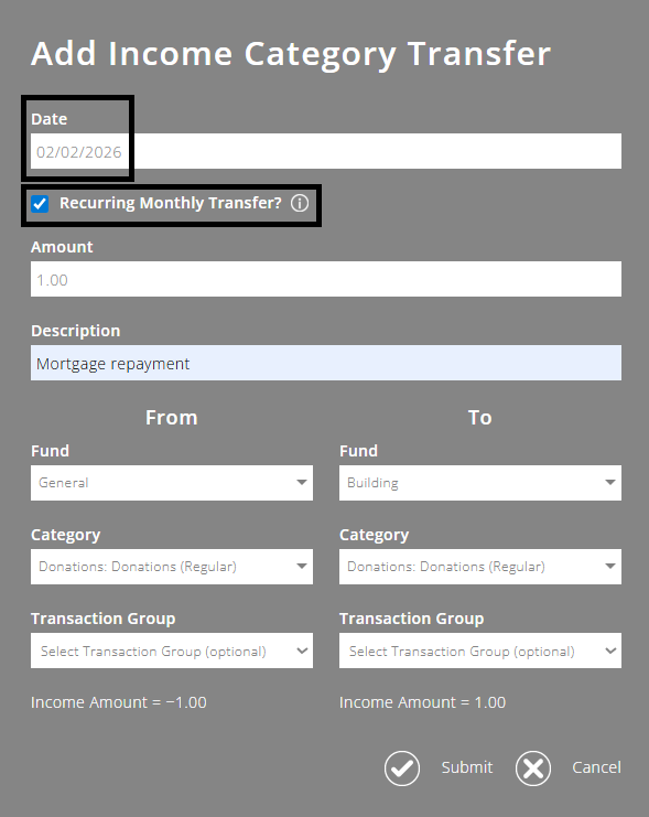 ExpensePlus screenshot of the Add Income Category Transfer pop-up, highlighting the 'Date' box and the 'Recurring Monthly Transfer' tick box