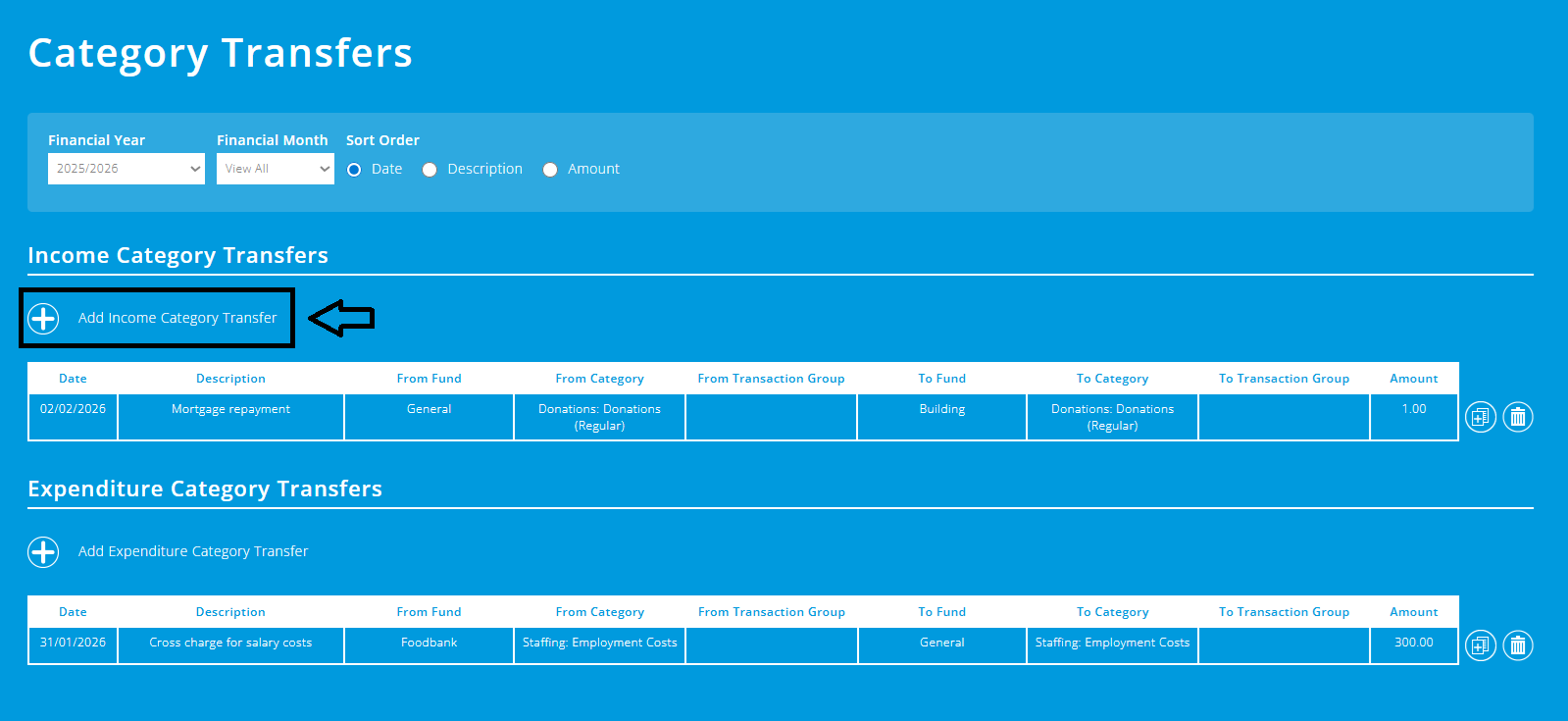 ExpensePlus screenshot of the Category Transfers screen, highlighting the 'Add Income Category Transfer' button