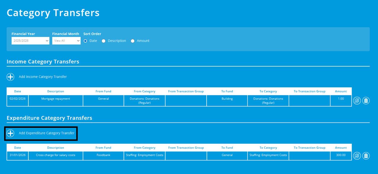 ExpensePlus screenshot of the&nbsp;Category Transfers screen, highlighting the 'Add Expenditure Category Transfer' button