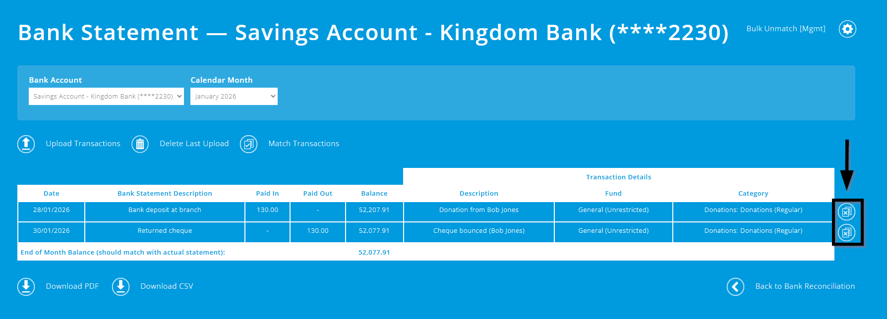 ExpensePlus bank statement screen