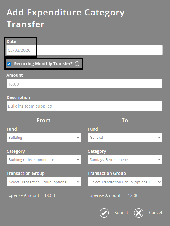 ExpensePlus screenshot of the Add Expenditure Category Transfer pop-up, highlighting the 'Date' box and the 'Recurring Monthly Transfer' tick box