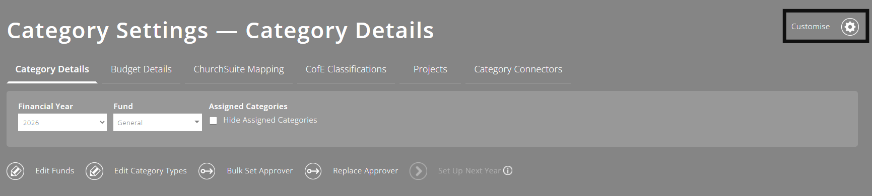 ExpensePlus Category Settings screen highlighting the Customise button