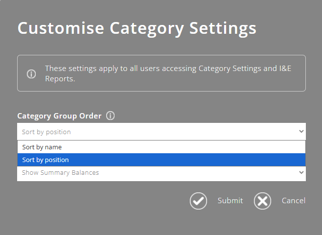ExpensePlus Customise Category Settings popup
